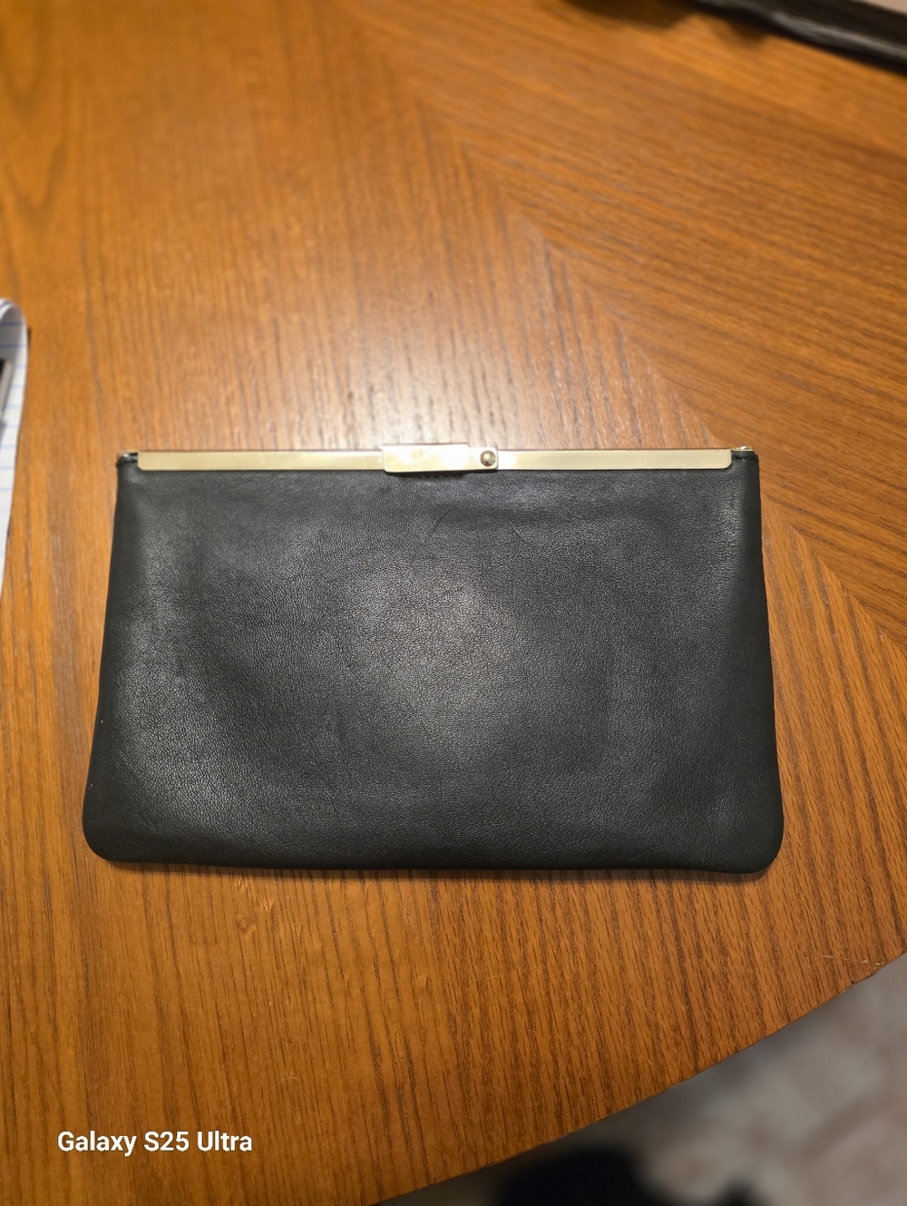 J. Crew Vintage Style Black Leather Clutch with Gold Bar Frame - Picture 14 of 17